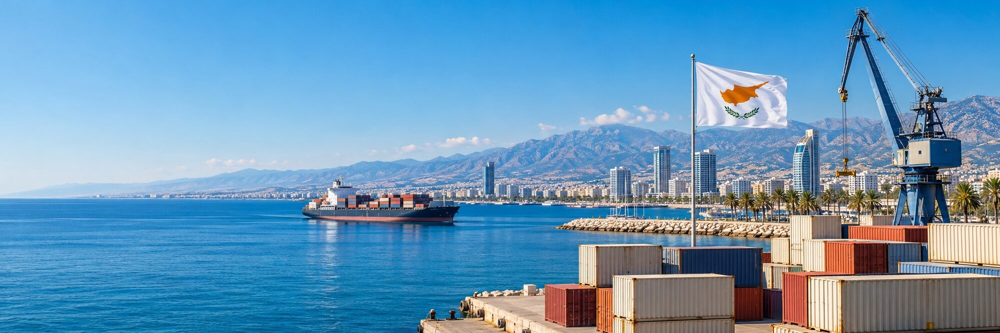 Container im Hafen mit Zypern-Flagge, Schiff und Kran